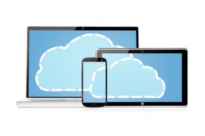 set of electronic devices with clouds on its screens, isolated on white background